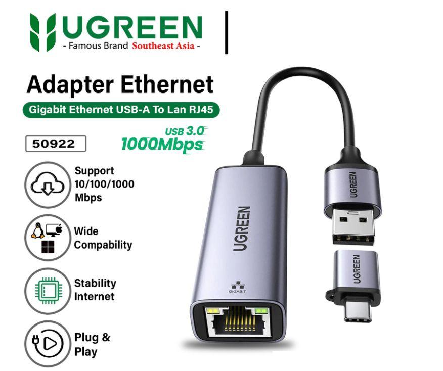 [CAM-70015-00842] UGREEN Gigabit USB 3.0 To Lan RJ45 Ethernet Network Adapter 50922